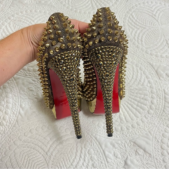 CHRISTIAN LOUBOUTIN Lady Peep Spike 150mm Gold Metallic Strass Rare Size 39 - Picture 7 of 11
